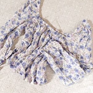 SO White & Blue Floral Coquette Off-Shoulder Long Sleeve Top